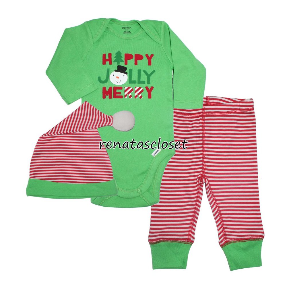 Gerber Baby’s 3pc Jolly Holiday Bodysuit, Pants & Cap Set NWT